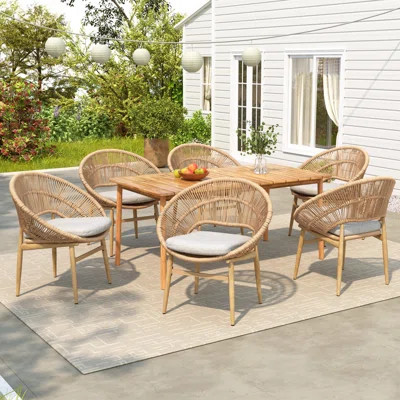 Jinx Outdoor 7-Piece Acacia Wood Woven Rope Dining Set With Cushions | Wayfair North America