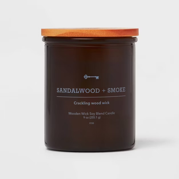 Lidded Amber Glass Jar Crackling Wooden Wick Sandalwood and Smoke Candle - Threshold™ | Target