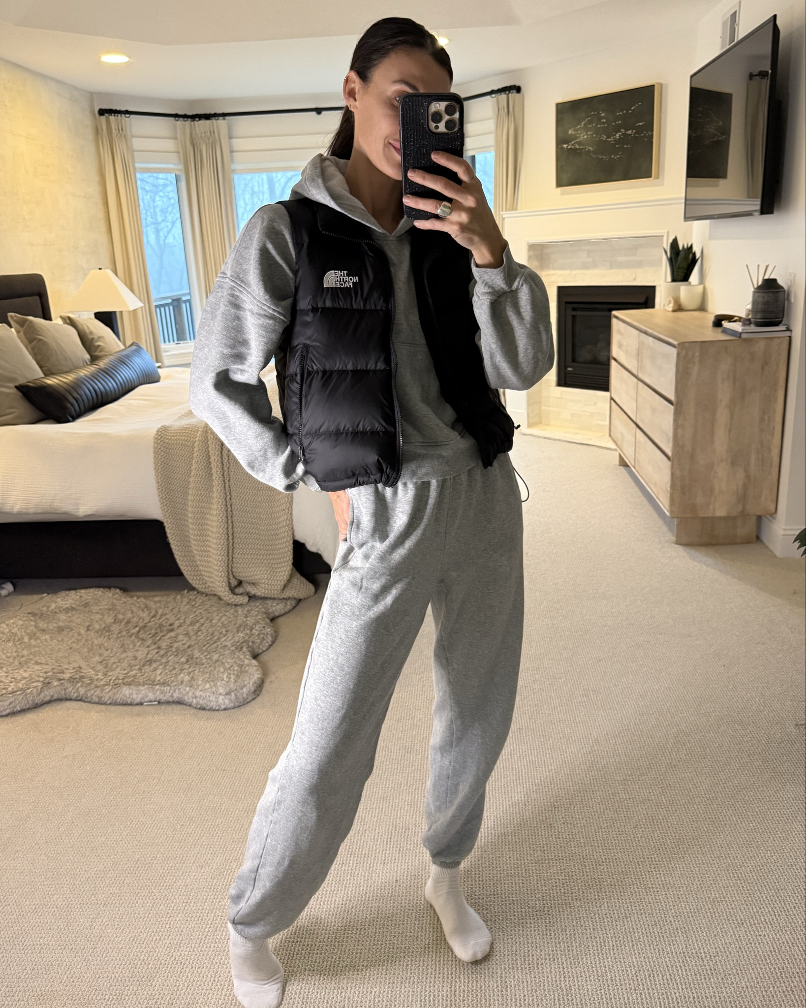 A couple of my favorite lounge/ daycare drop things! The Old Navy sweat set is super light and soft. Wearing size S and my pants are “longs”. The north face crop vest is a winter staple for me. Would make a great gift! Wearing a S! 

#LTKCyberWeek #LTKootd #LTKGiftGuide