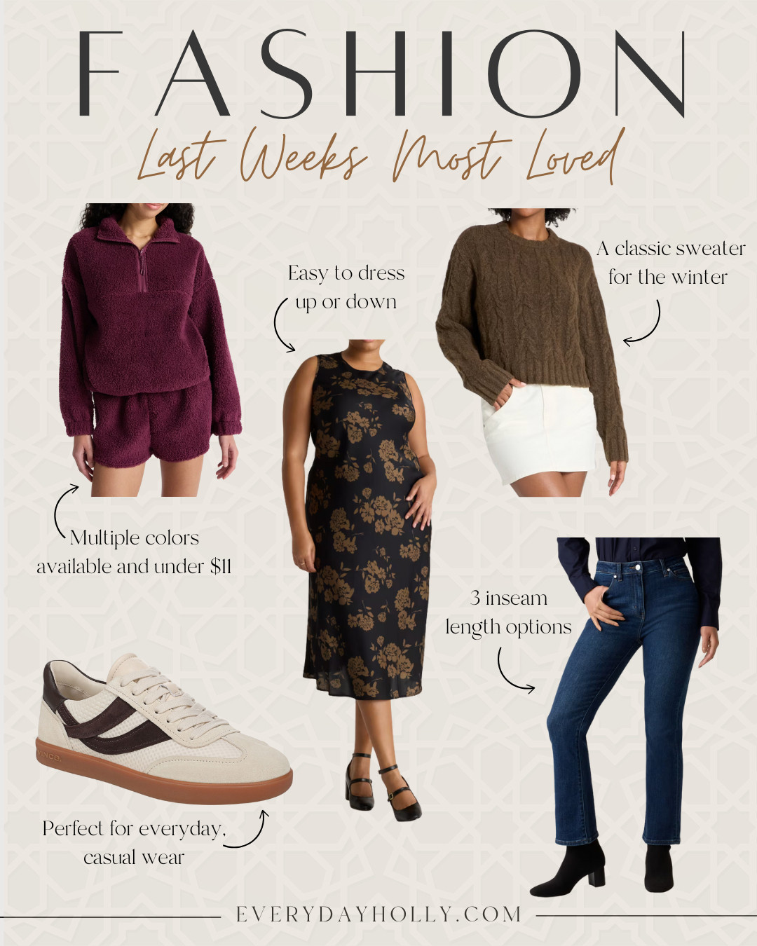 Last weeks most loved fashion finds, winter fashion, top sellers, fuzzy pullover half zip, cable knit sweater, casual sneakers, floral satin midi dress, dark wash jeans, everydayholly 

 #LTKootd #LTKSeasonal #LTKPetite