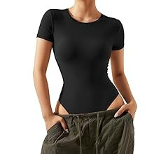 SUUKSESS Women Crew Neck Short Sleeve Thong Bodysuit Shirts Basic Top | Amazon (US)