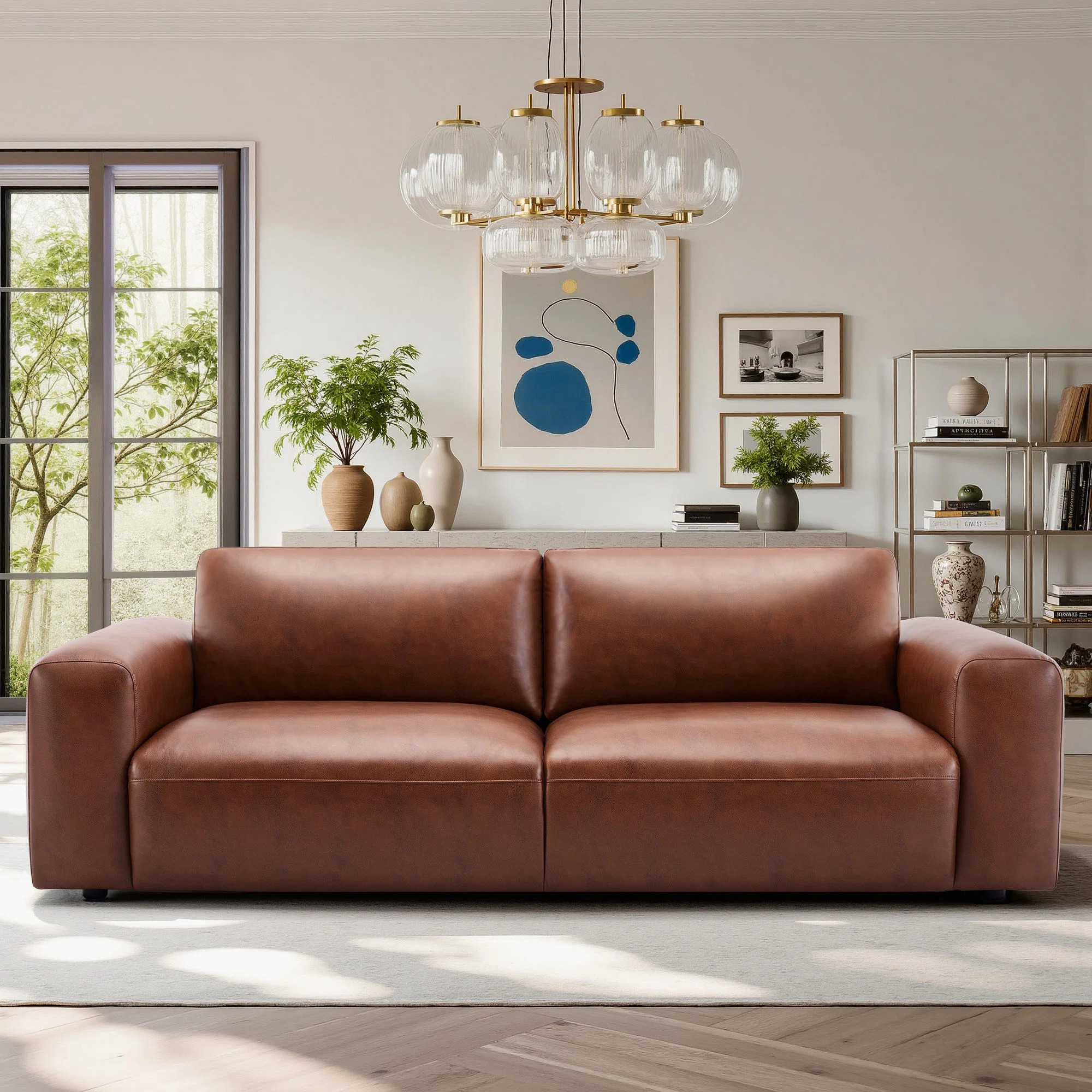 Wade Logan® Benthe 95'' Modern Square Arm Leather Fatty Sofa Brown Down & Reviews | Wayfair | Wayfair North America