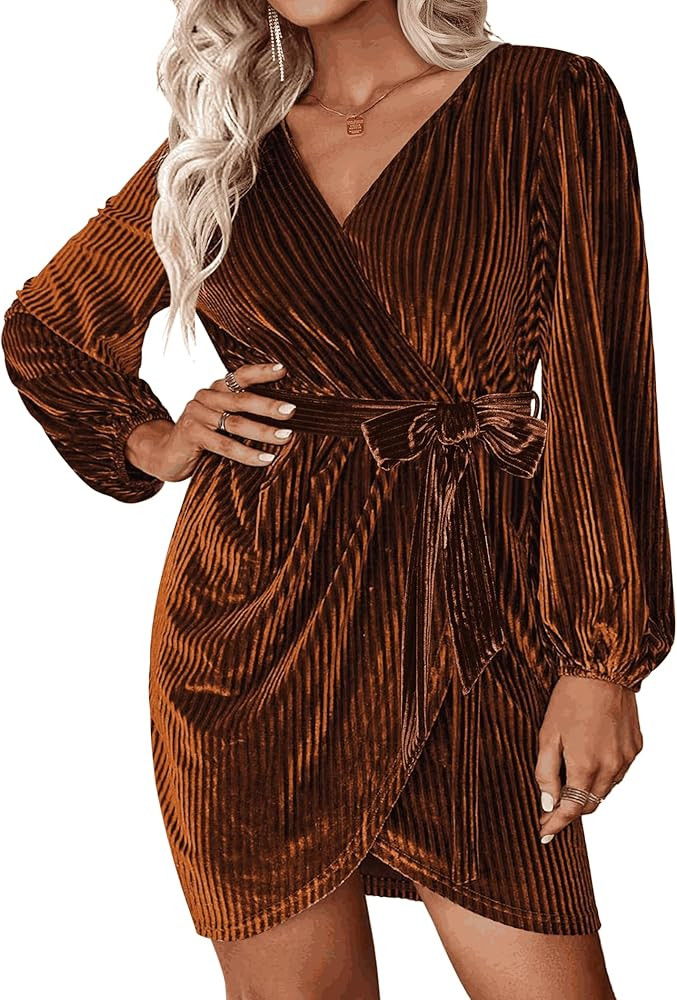 IN'VOLAND Womens Plus Size Long Sleeve Wrap Semi Formal Velvet Mini Dress Sexy V Neck Cocktail Pa... | Amazon (US)
