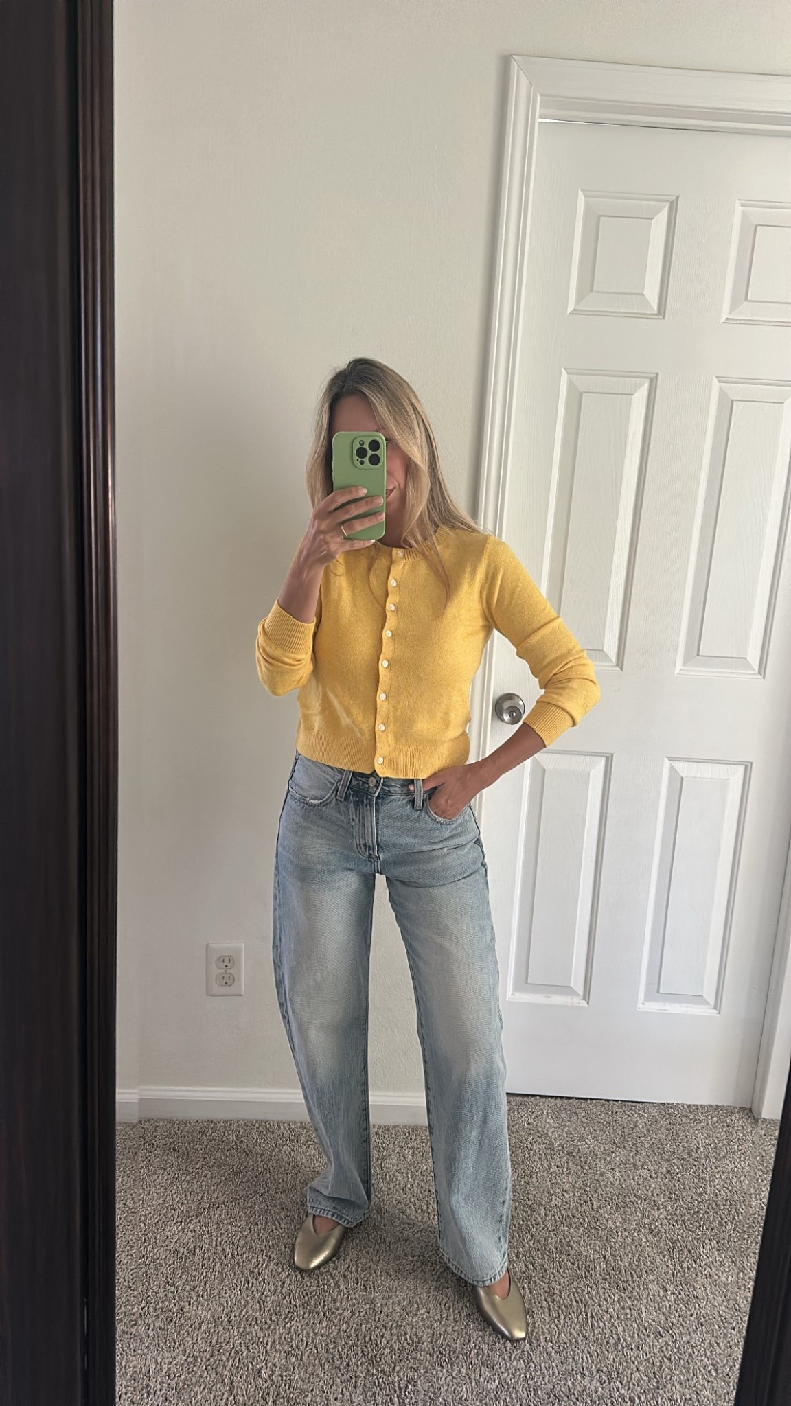 Back to school night mom outfit | butter yellow cardigan from old navy wearing size small and my favorite denim jeans from pistola and gold ballet flats for easy fall outfit idea that’s comfortable and trendy 

#LTKOver40 #LTKFindsUnder100 #LTKMidsize
