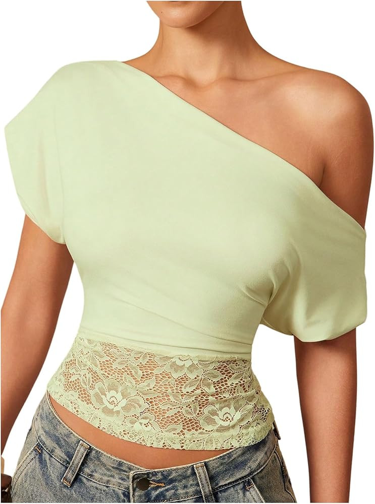 Verdusa Women's Lace Tops Off The Shoulder T Shirts Summer Y2K Outfits | Amazon (US)