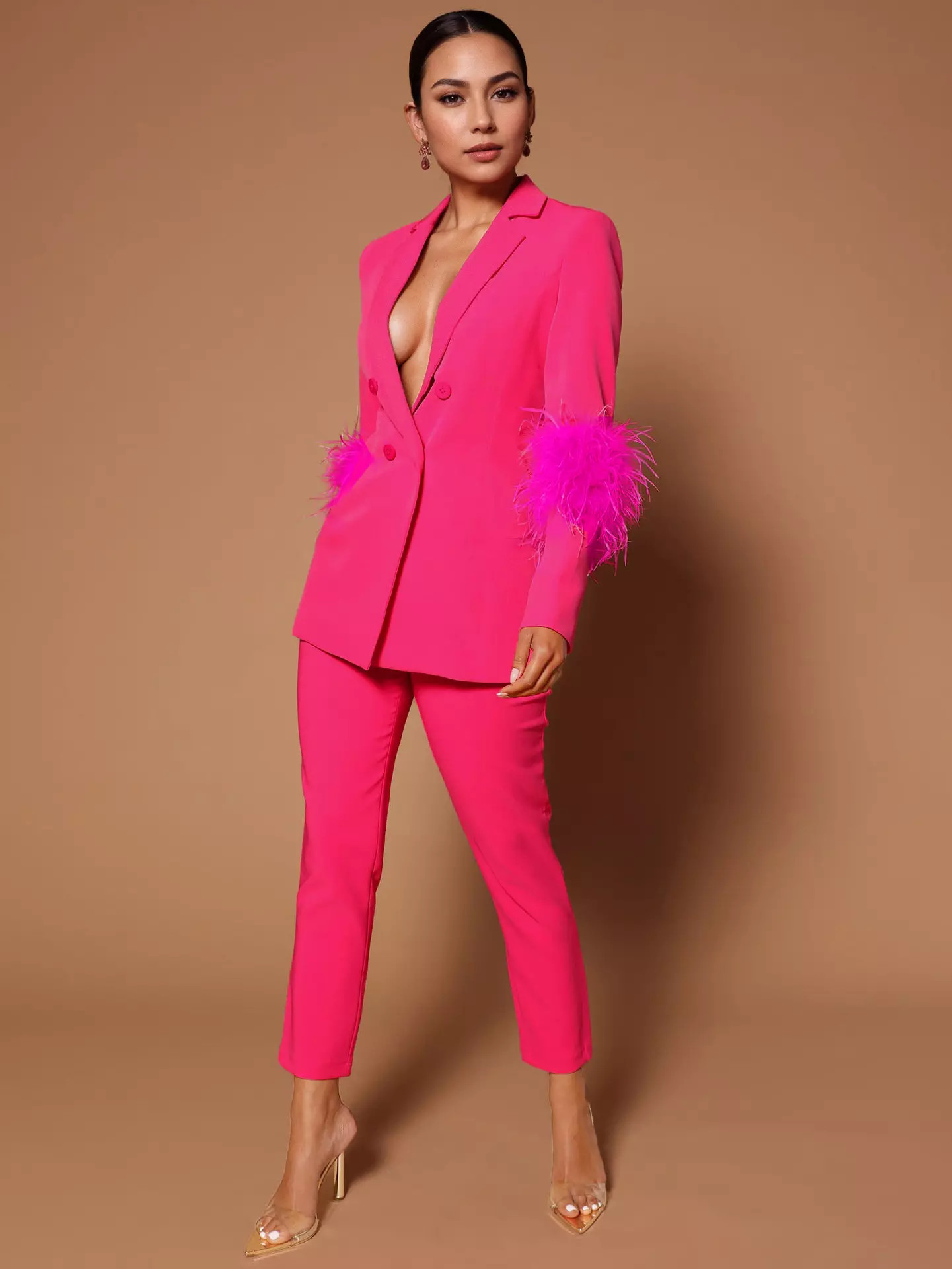 Pant Set Lapel Deep V-Neck Feathers Sexy Women Suits | Milanoo