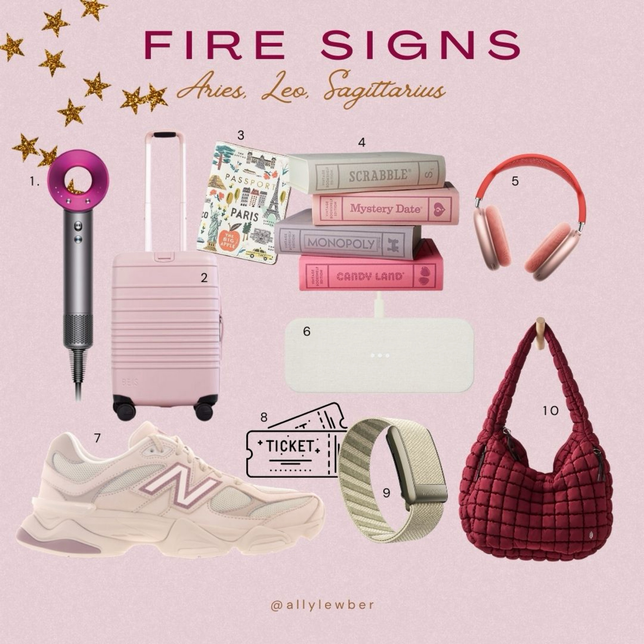 1. Dyson Supersonic Hair Dryer
2. Beis luggage  
3. Passport holder
4. Vintage game set
5. Airpod Max
6. Charging station
7. New Balance 9060
8. Tickets to a concert or event!
9. Whoop - fitness tracker 
10. FP Movement quilted bag 

#LTKSeasonal #LTKHoliday #LTKGiftGuide