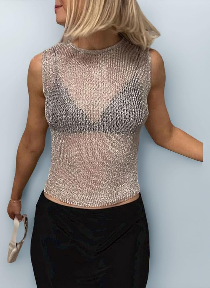 Women's Y2K Sparkly Sheer Mesh Crop Vest Top Sleeveless Skinny Knit Tank Tops Party Club Night Ra... | Amazon (UK)