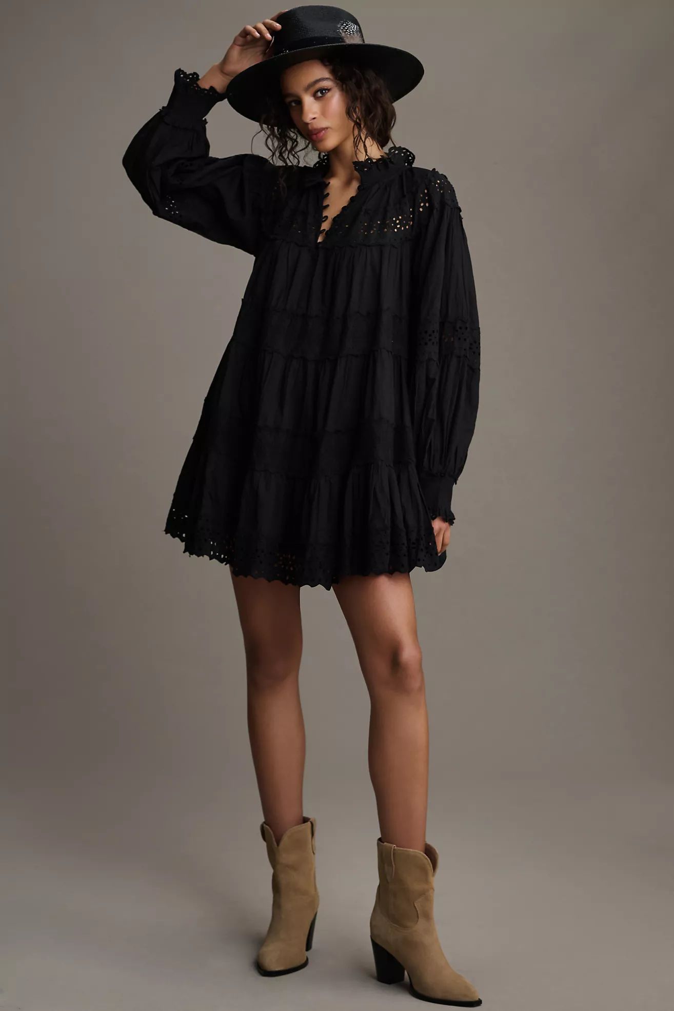 Maeve Long-Sleeve Lace Mini Dress | Anthropologie (US)