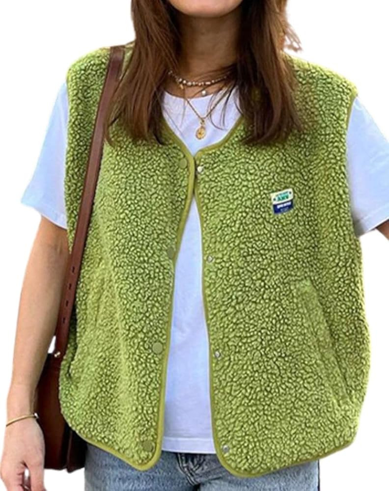 Women's Sherpa Fleece Vest Sleeveless Button Down Fuzzy Faux Shearling Jackets Gilet Outwear with... | Amazon (US)