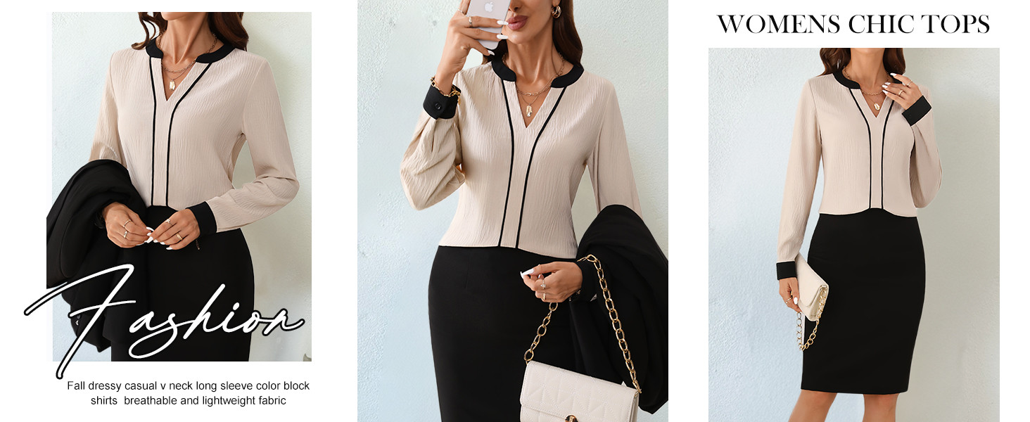 Fayenne Womens Tops Dressy Casual V Neck Color Block Business Casual Blouses Long Sleeve Work Shi... | Amazon (US)
