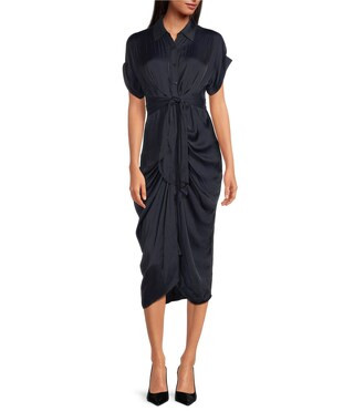 Tori Satin Point Collar Short Kimono Cuff Sleeve Belted Ruched Front Asymmetrical Hem Midi Shirt ... | Dillard's