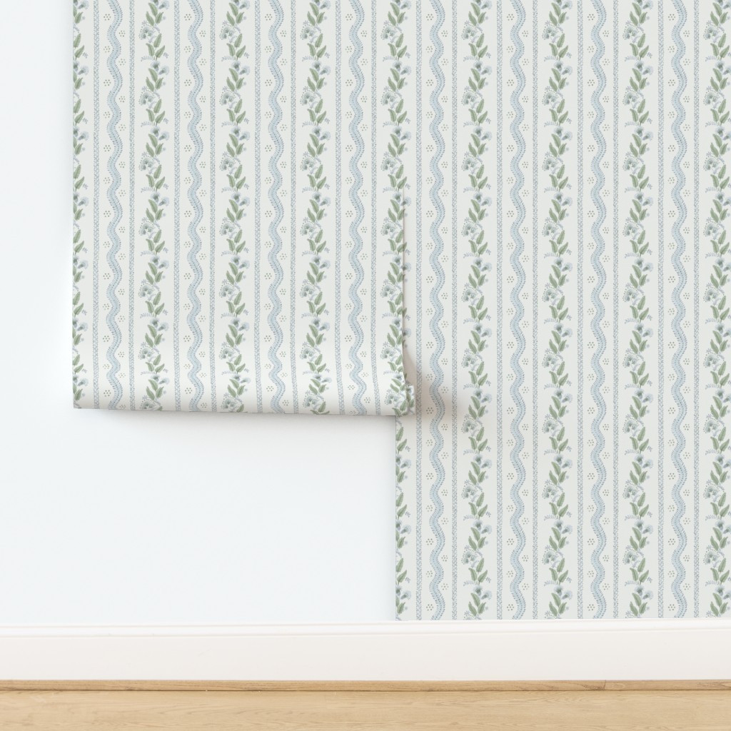 Wallpaper in Half Scale Emma Stripe Quiet Blue and greens on cream copy | Spoonflower