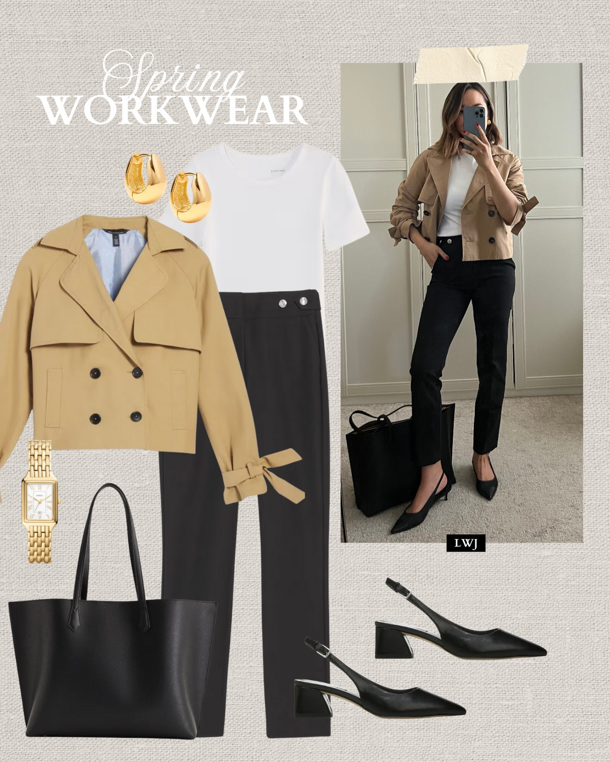 Spring work outfit inspo 

Cropped trench coat/ white tee / black ankle pants / slingbacks / tote bag / gold earrings / gold watch / classic style 

#LTKSeasonal #LTKWorkwear #LTKStyleTip