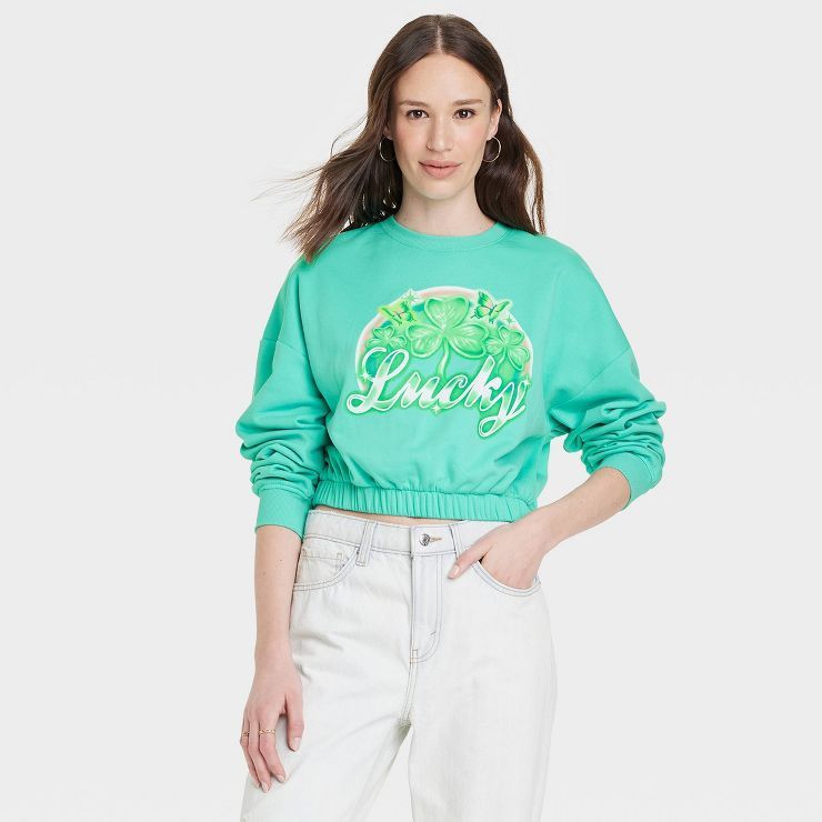 Women's Lucky Airbrush Graphic Cropped Sweatshirt - Green | Target