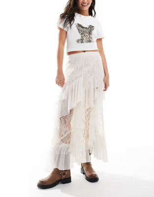 Miss Selfridge lace and chiffon mix maxi skirt in ivory | ASOS (Global)