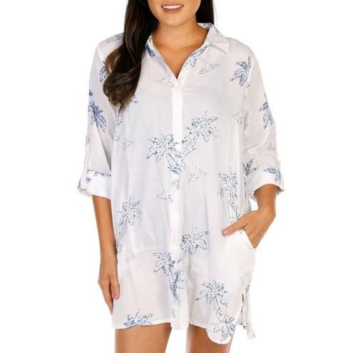 Women's Palm Tree Button-Up Swim Coverup - White-Whtie-1184806396110   | Burkes Outlet | bealls