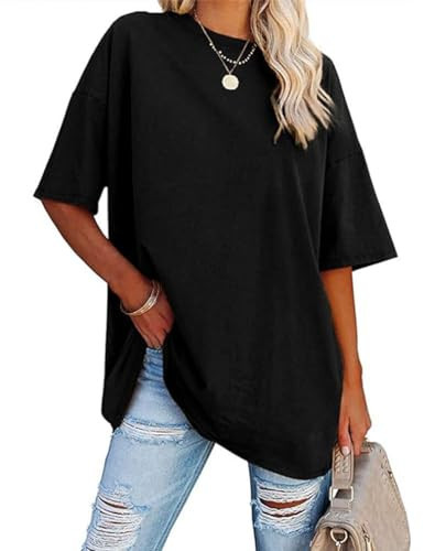 Aoang Women's Oversized T Shirt Solid Short Sleeve Baggy Cotton Tees Black XL | Amazon (US)
