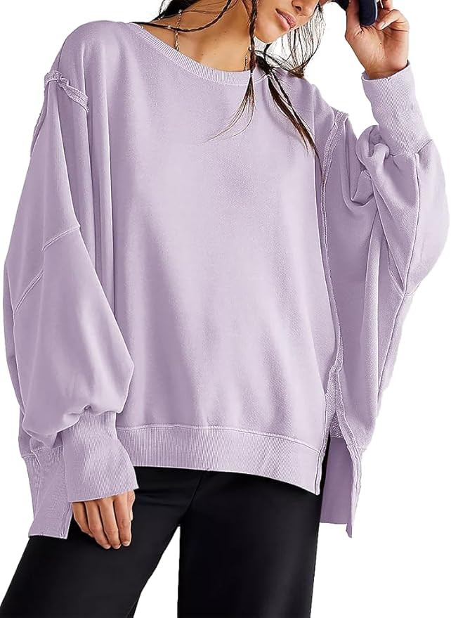 Beaully Women's Oversized Sweatshirts Crew Neck Long Sleeve Side Slit Pullovers Sweatshirt Casual... | Amazon (US)