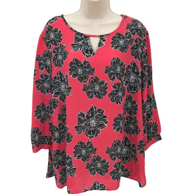 Laura Scott Womens Red Black Floral Chiffon Cutout 3/4 Sleeve Blouse Size XL | eBay US