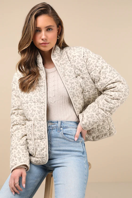 Bundled Perfection Light Beige Floral Quilted Puffer Jacket | Lulus