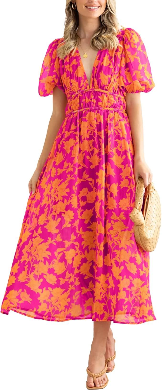 Women's Summer Floral Maxi Dress V-Neck Puff Short Sleeve Sundress Boho Beach Party Dresses | Amazon (US)