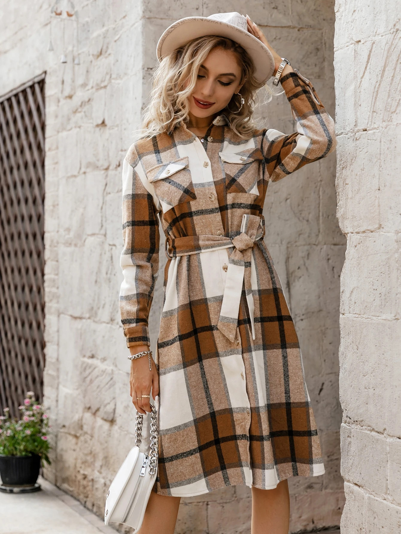 Simplee Plaid Flap Pocket Belted Dress | SHEIN