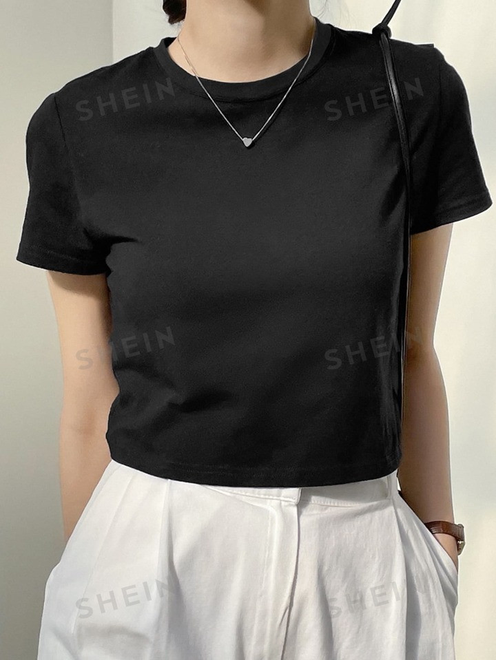 Dazy-Less Playera Corta Sólida Con Cuello Redondo | SHEIN