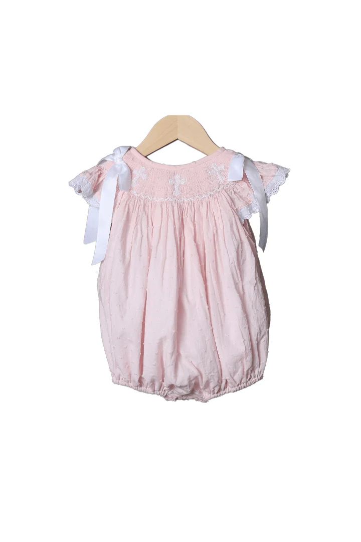 Smocked Cross Pink Swiss Dot Bubble | The Smocked Flamingo