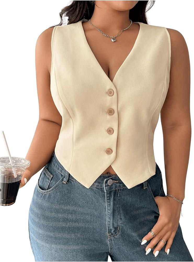 MakeMeChic Women's Plus Size V Neck Button Down Vest Top Sleeveless Asymmetrical Cropped Waistcoa... | Amazon (US)