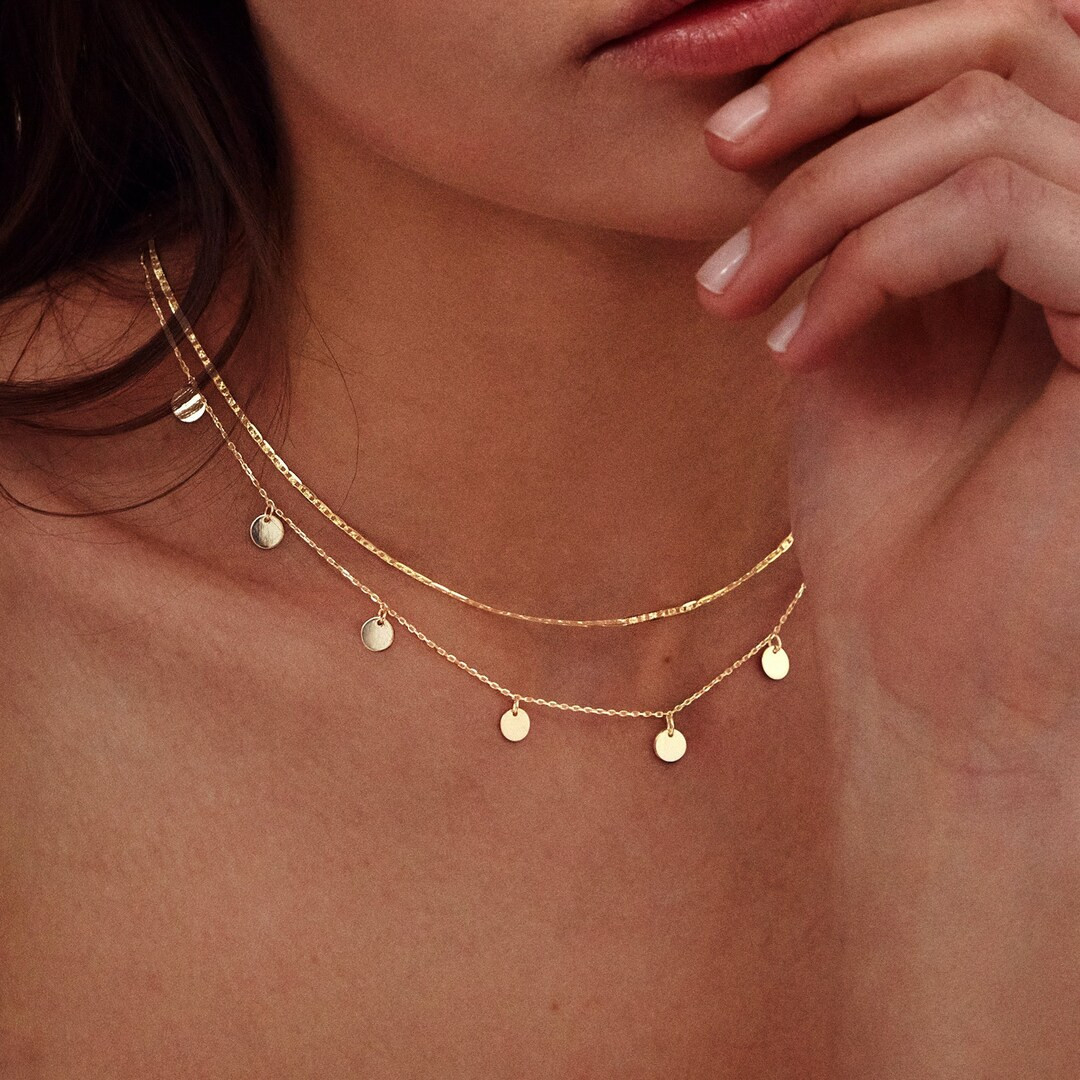 14k Solid Gold Station Choker Necklace - 14k Gold Multi Discs Necklace - 14k Real Gold Multi Circ... | Etsy (US)