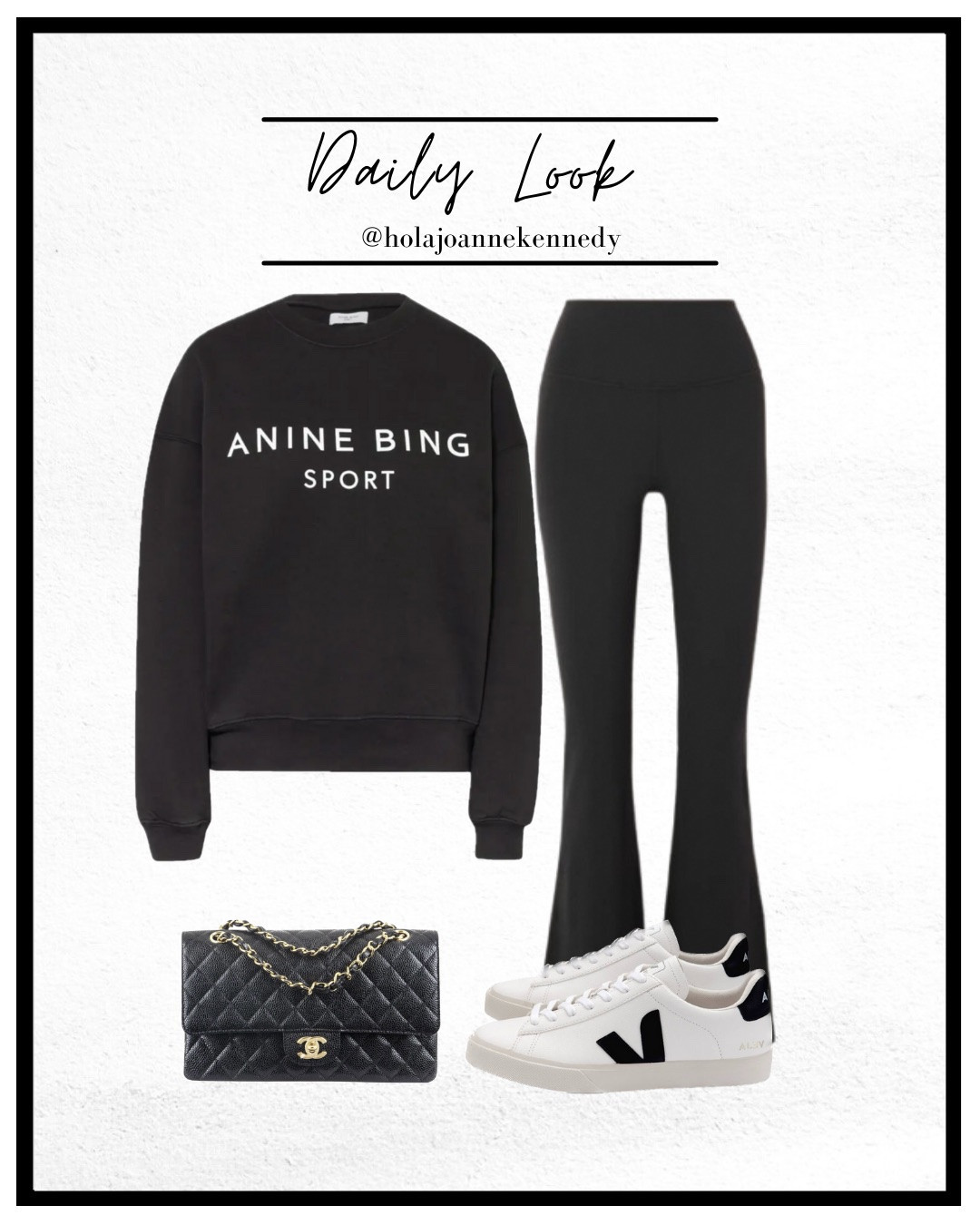 anine bing sweatshirt, black sweatshirt outfit, black flared leggings, high waist flared leggings, casual black outfit, all black athleisure, veja black white trainers, chanel black bag, cosy casual outfit, off duty style 

#LTKeurope #LTKuk #LTKstyletip