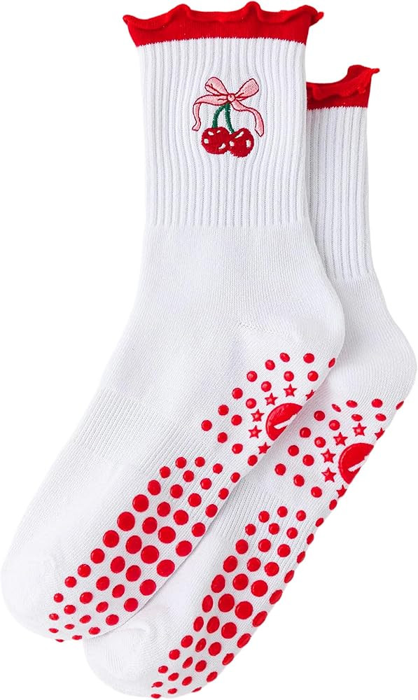 Yawlsow Cute Pilates Grip Socks for Women Ruffle Frilly Yoga Socks Non Slip Cotton Crew Grippy So... | Amazon (US)