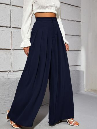 SHEIN Frenchy High Waist Fold Pleated Wide Leg Pants | SHEIN