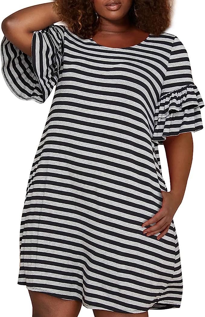 Nemidor Women's Ruffle Sleeve Jersey Knit Plus Size Casual Swing Dress with Pocket | Amazon (US)