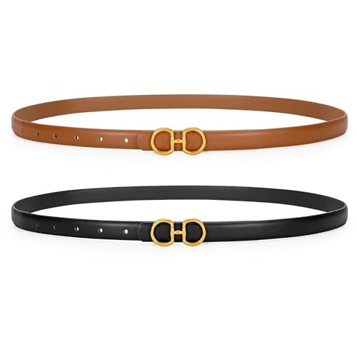CESCOSI Women Skinny Leather Belts Ladies 2 Pack Thin Waist Belts with Gold Buckle for Dresses 0.7" Width | Amazon (US)