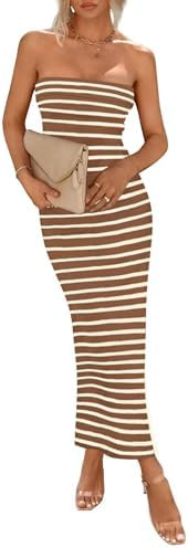 PRETTYGARDEN Women's Summer Bodycon Maxi Tube Dress Ribbed Strapless Side Slit Long Going Out Cas... | Amazon (US)