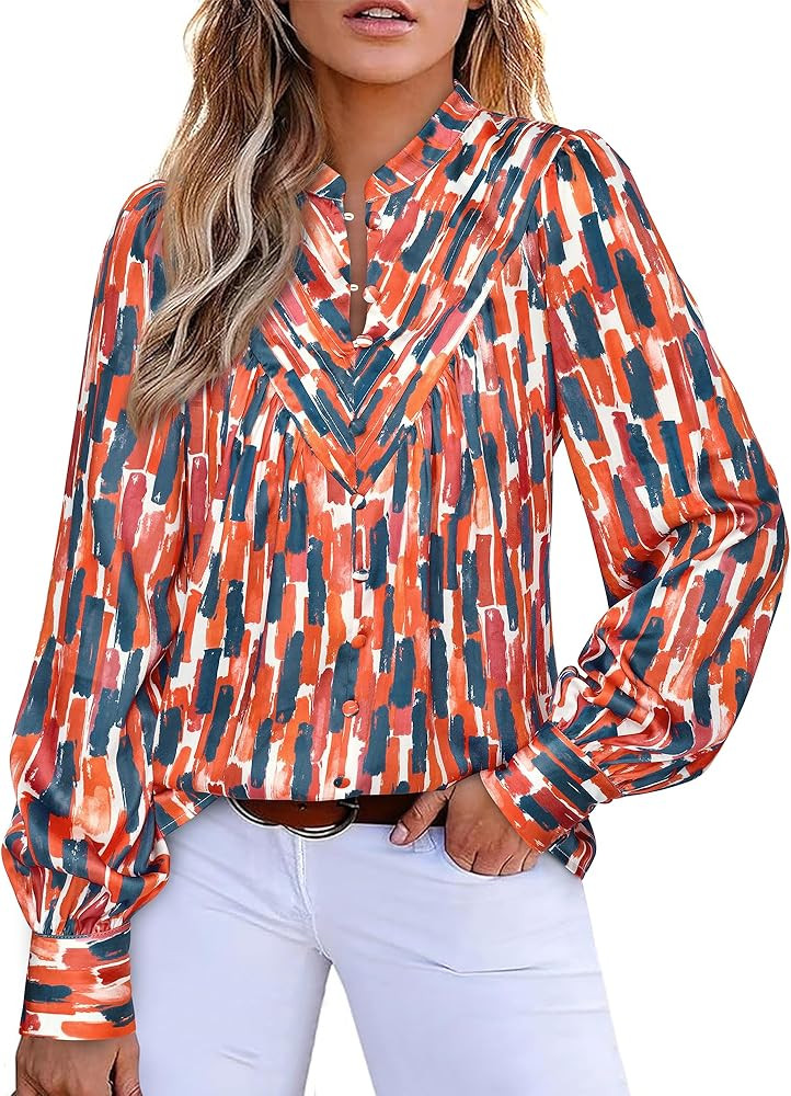 BTFBM Womens Tops Dressy Casual Fall 2025 Boho Floral V Neck Long Sleeve Half Button Down Shirt W... | Amazon (US)