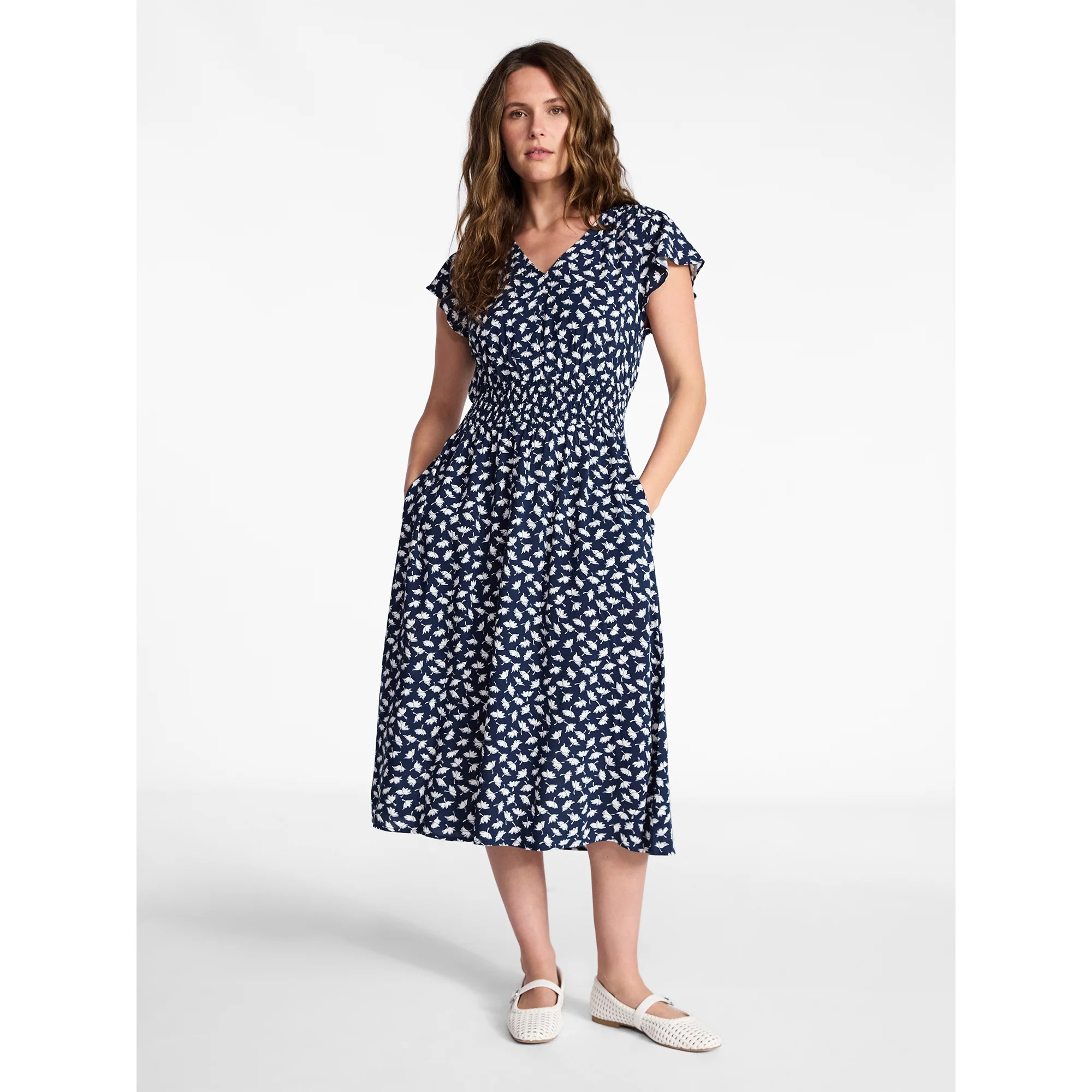 Time and Tru Women’s and Women’s Plus Smocked Waist Midi Dress with Flutter Sleeves, Sizes XS... | Walmart (US)