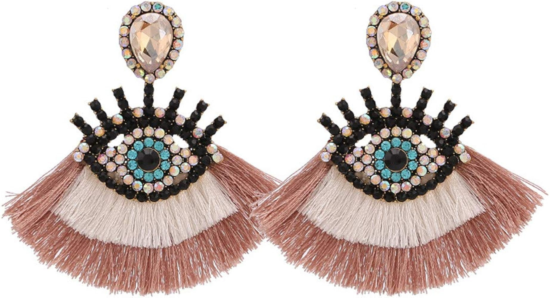 Colorful Evil Eyes Tassel Drop Dangle Earrings Boho Multicolor Geometric Rhinestone Fringe Cotton... | Amazon (US)