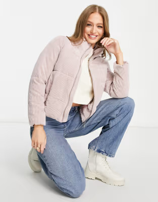 JDY luxa corduroy short puffer jacket in pink | ASOS (Global)