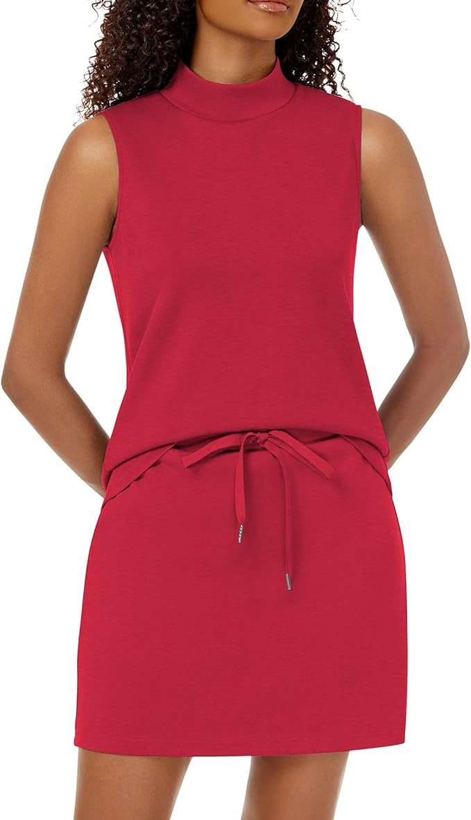 Two Piece Skirt Set for Women Sweatsuits Tennis Outfits Casual Mock Neck Sleeveless Top Elastic S... | Amazon (US)