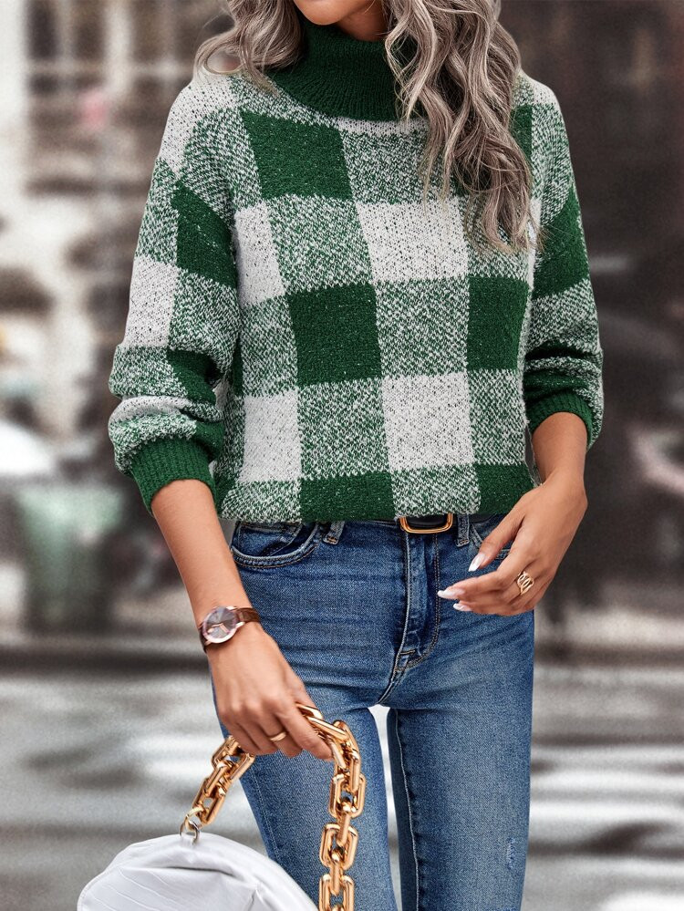 Buffalo Plaid Pattern Turtleneck Drop Shoulder Sweater | SHEIN