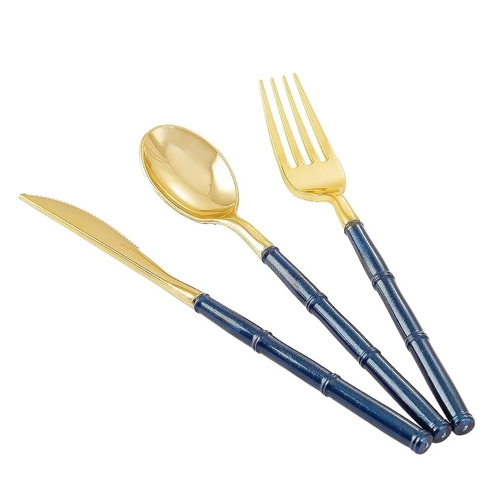 Supernal 180pcs Gold Plastic Silverware,Gold Plastic Cutlery with Blue Glitter Bamboo Handle,Eleg... | Amazon (US)
