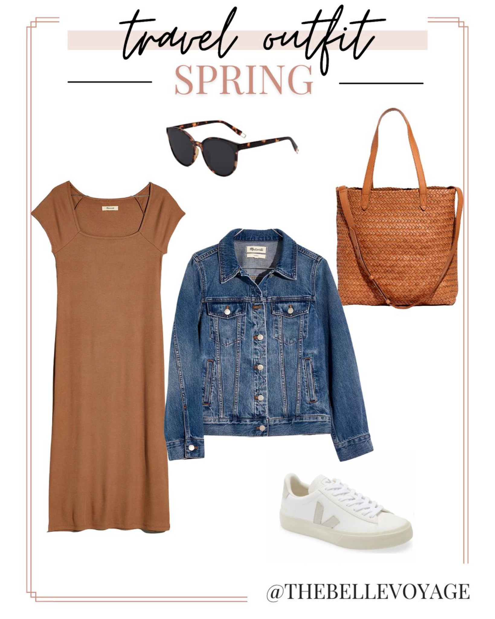 Easy and cute spring travel outfit for your next trip!  Layer a denim jacket over a t-shirt dress and add white sneakers.

#LTKtravel