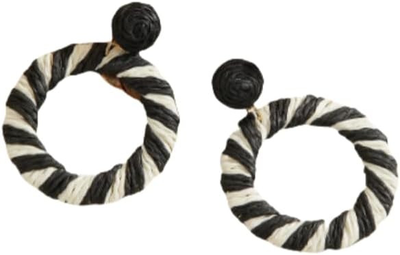 Bohemian Round Striped Raffia Earrings, Lightweight Woven Hoop Earrings for Women | Amazon (US)