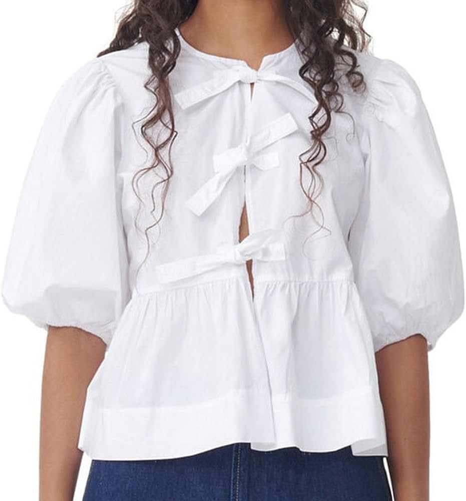 Front Tie Tops for Women Leopard Print Babydoll Peplum Top Puff Sleeve Coquette Tops 3/4 Sleeve C... | Amazon (US)