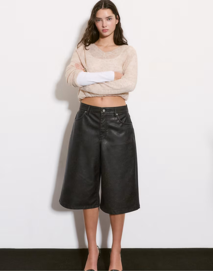 Pull&Bear Leather effect jorts in brown | ASOS (Global)