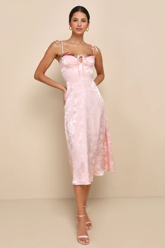 Ethereal Muse Light Pink Satin Jacquard Embroidered Midi Dress, Rehersal Dinner Dress, Spring OOTD | Lulus