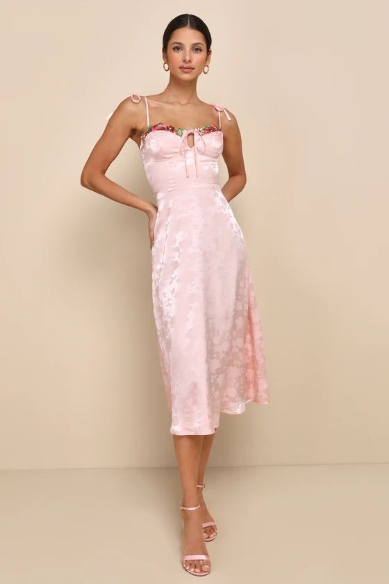 Ethereal Muse Light Pink Satin Jacquard Embroidered Midi Dress | Lulus